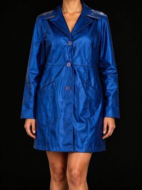 Instant Action Women’s Blue Shiny Trench Coat Jacket, M